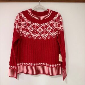 Fair Isle Cable Knit Sweater Womens Large Red Snowflake Grandmacore